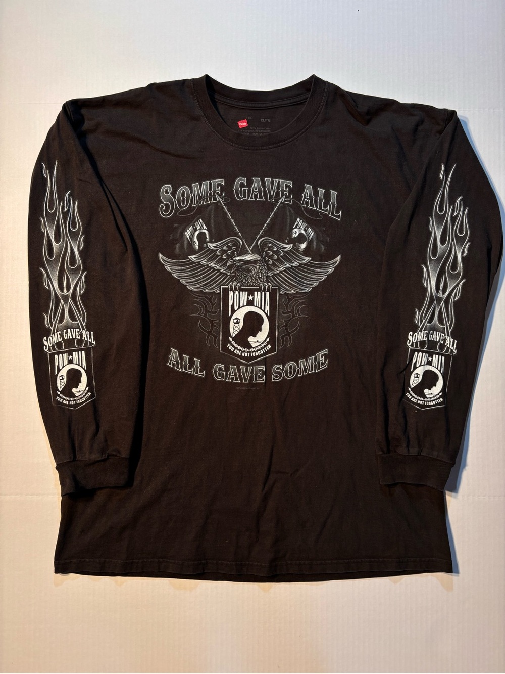 Vtg Hanes POW MIA Military American Eagle Flames Y2K Grunge Long Sleeve Tshirt
